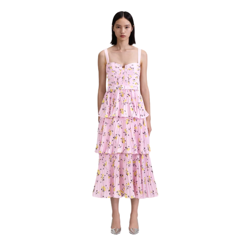 Pink Floral Print Tiered Midi Dress