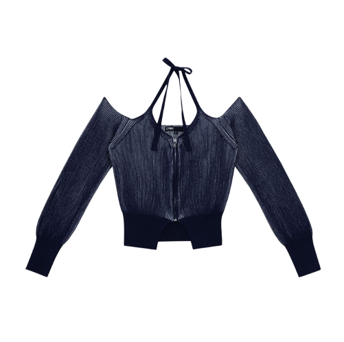 홀터넥 골지 가디건_NAVY