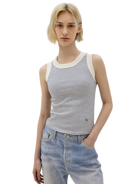 Cotton Stripe Rib Sleeveless Top - Ivory&Blue