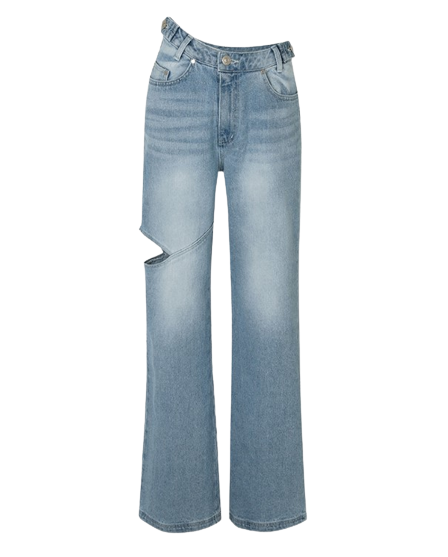 WAVE UNBALANCE SEMI WIDE CUTTING DENIM PANTS - LIGHT BLUE