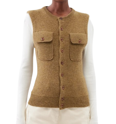 Sleeveless flap-pocket wool cardigan