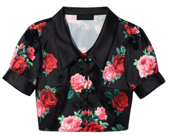 Satin Flower Pattern Blouse Black