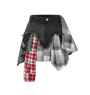 Weird Market Plaid Patch Denim Skirt Black