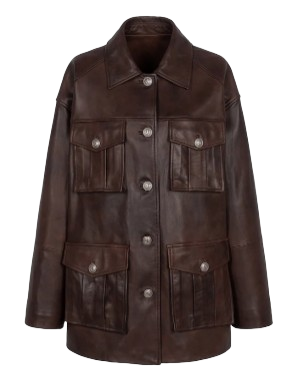 준지 입체 포켓 디테일 가죽 재킷 브라운