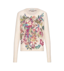 Embroidered Sweater White Technical Mohair and Alpaca Knit with Multicolor Toile de Jouy Fantastica Motif
