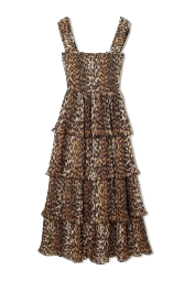 Pleated smocked leopard-print recycled-georgette midi dress